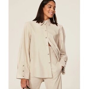Sara Battaglia Shirt Women 42 Beige Faux Leather Snap Button Shacket